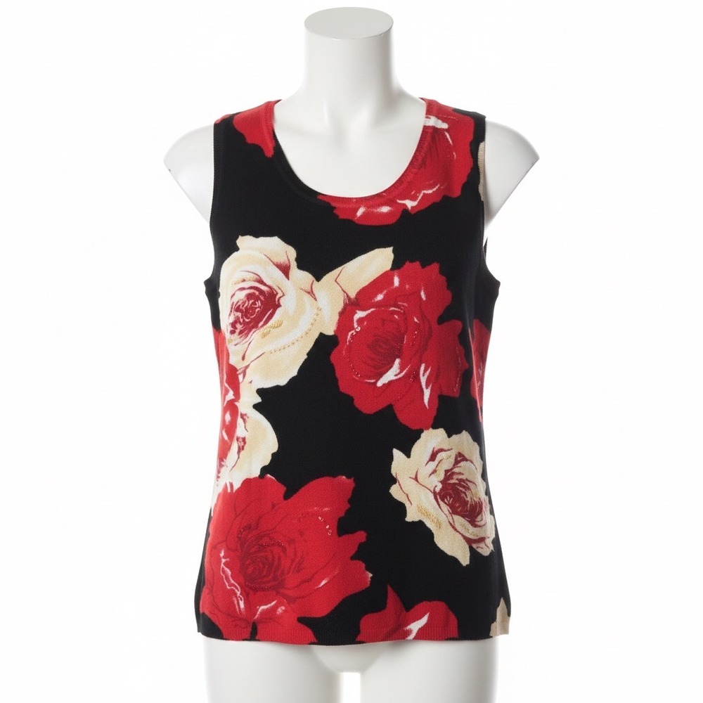 Elizabeth New York Petite M Floral Sweater Vest Red Roses Romantic Goth Coquette